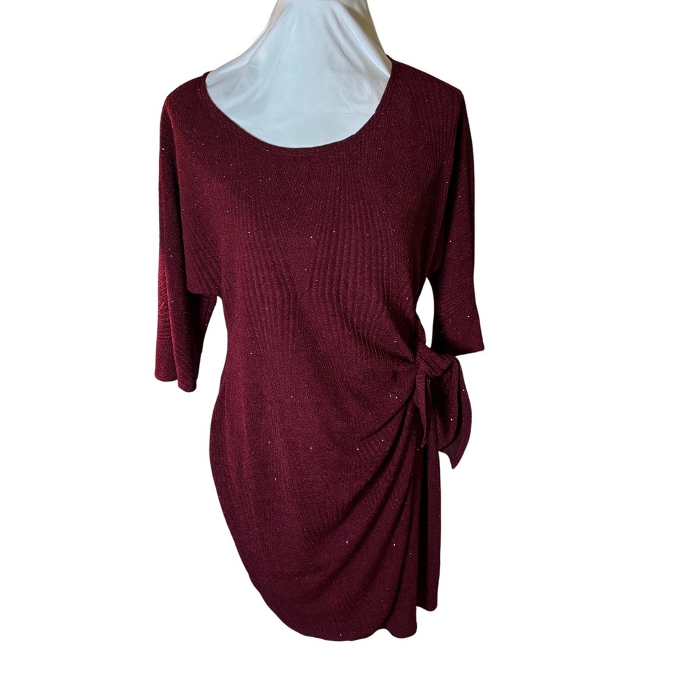 NWT Robbie Bee Wine Sparkle M 3/4 Sleeve Tie Waist Cocktail Party Dress